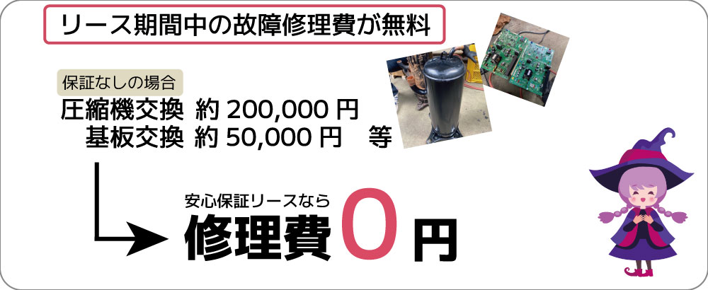 リース期間中の故障修理費が安心保証リースなら無料 業務用エアコンの修理費0円 もしもの故障時も安心です。